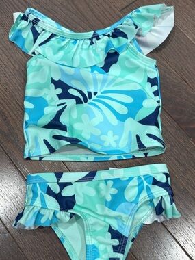 Girls' Aqua Floral Ruffle Two-Piece Swim Set